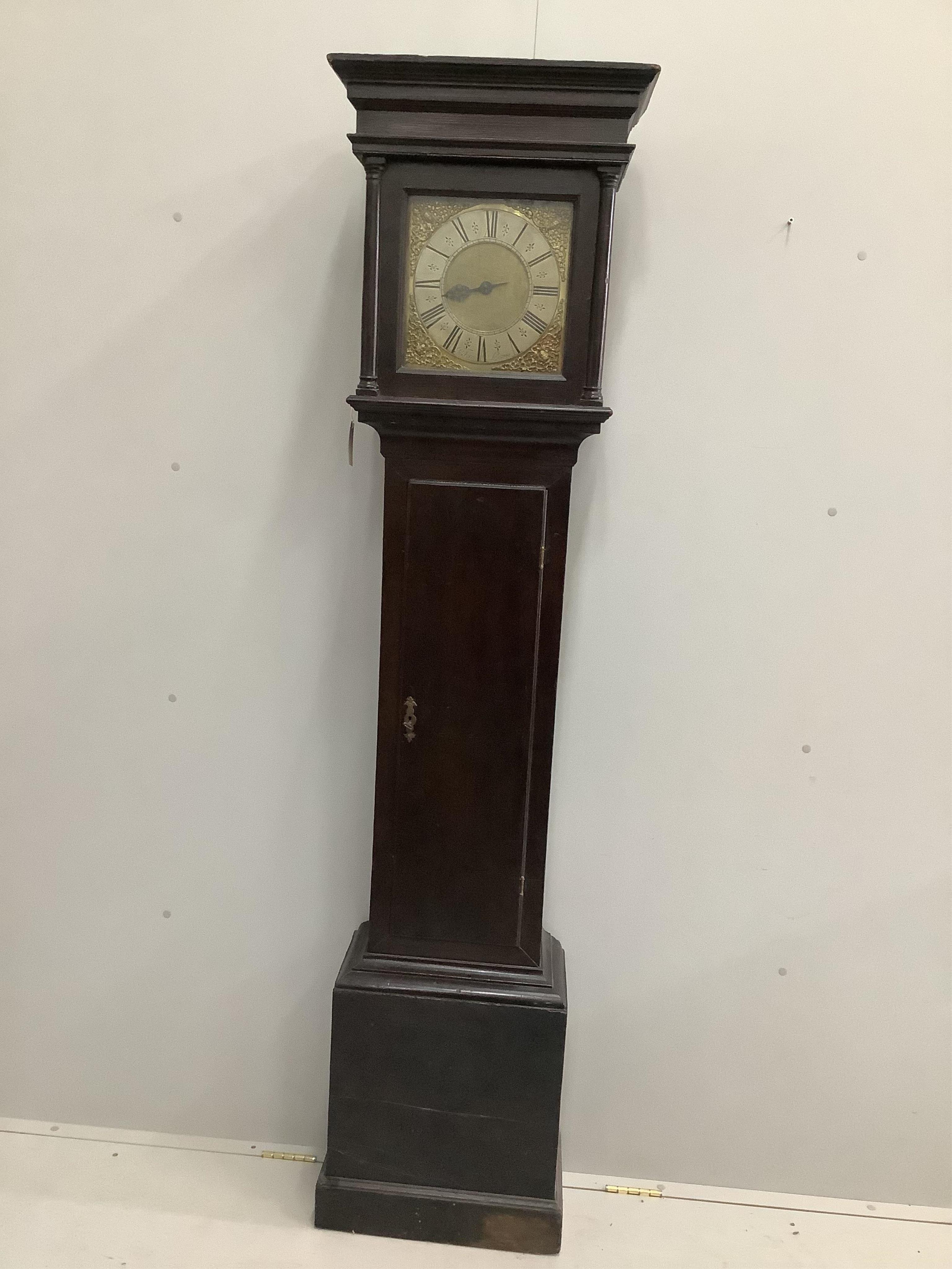 A mid 18th century thirty hour stained pine longcase clock by Jonathan Feron, Lewes, height 195cm. Condition - fair
